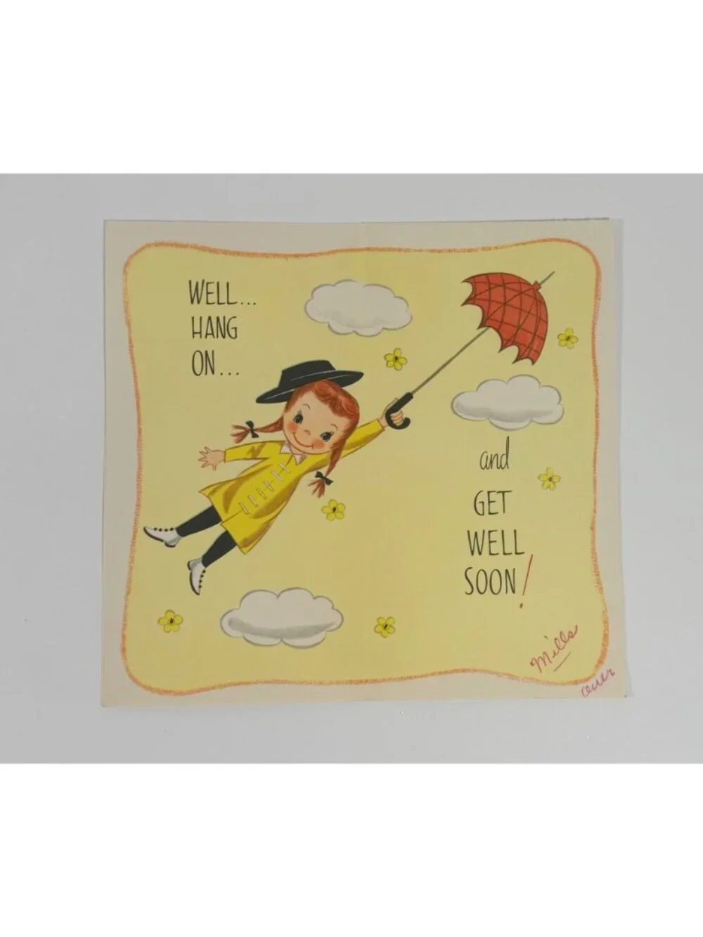 Vintage Get Well Soon Greeting Card Glitter Accents Girl In Yellow Raincoat & Um
